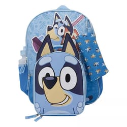 A blue backpack featuring a cartoon dog character with additional matching pouch.