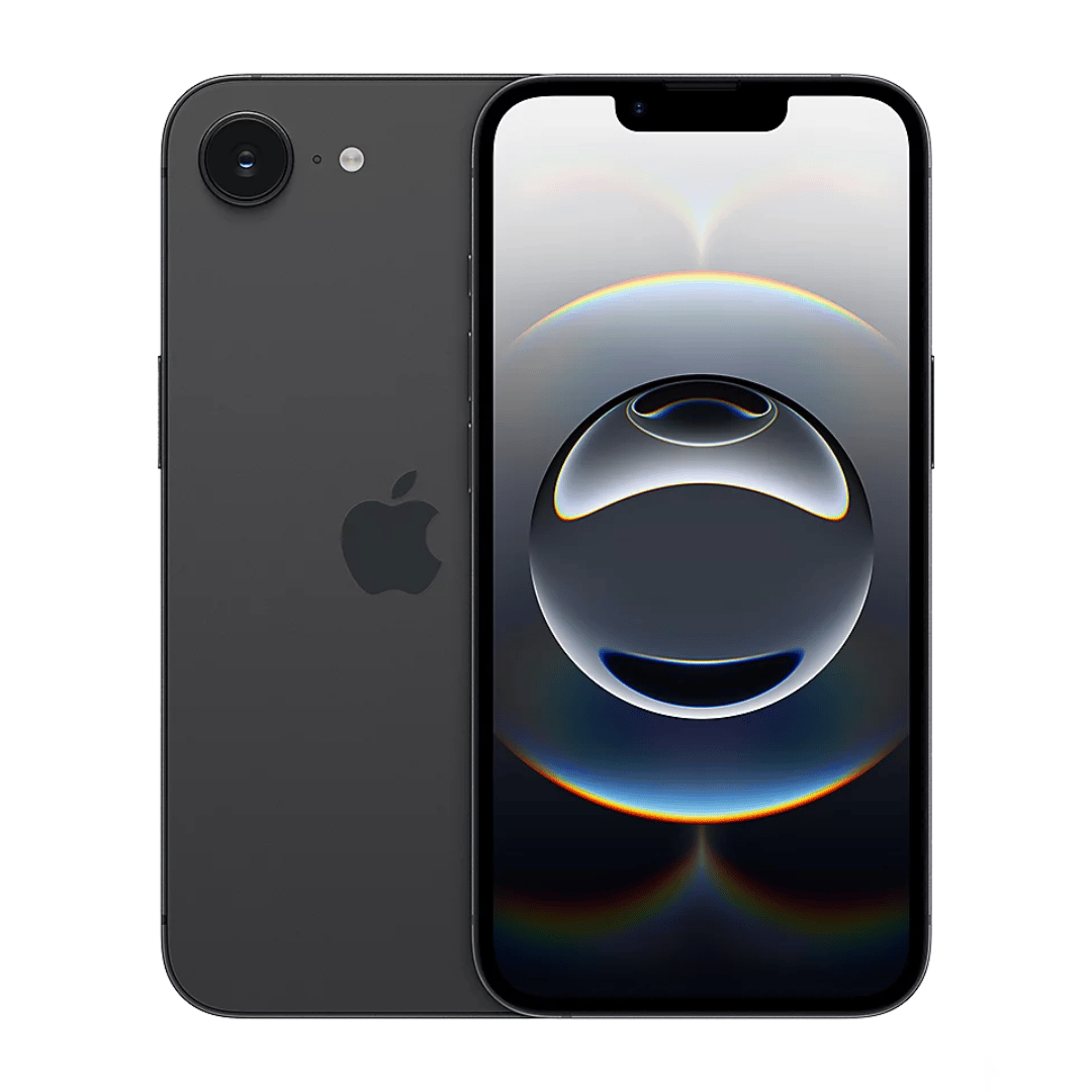 A black smartphone with Apple's logo, featuring a single rear camera and a front display showing a dynamic, abstract bubble-like wallpaper design.