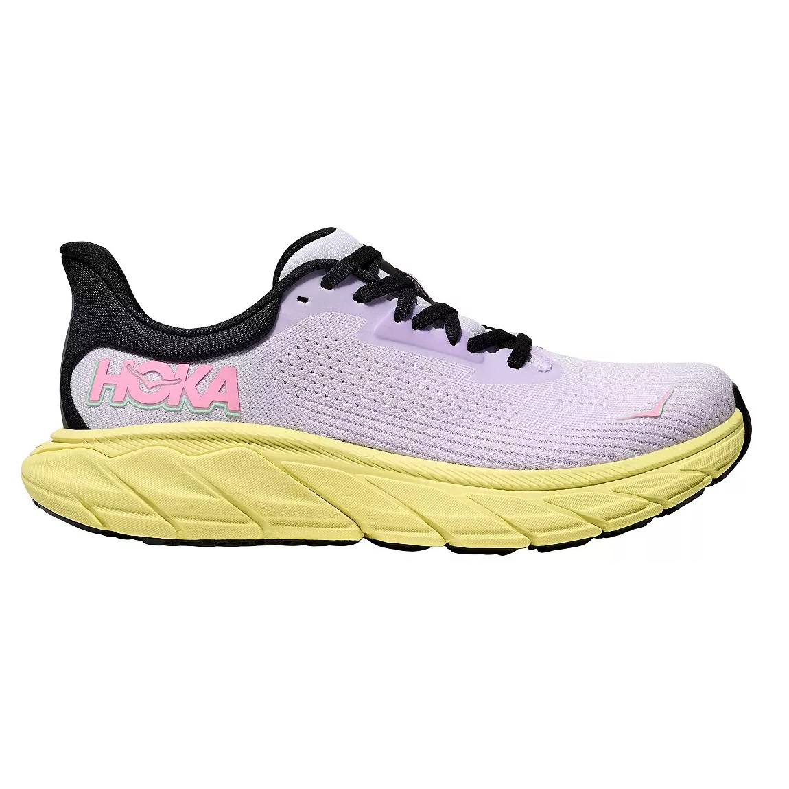A HOKA running shoe featuring a lavender upper with black details and laces, a pink logo, and a chunky yellow midsole designed for comfort and support.