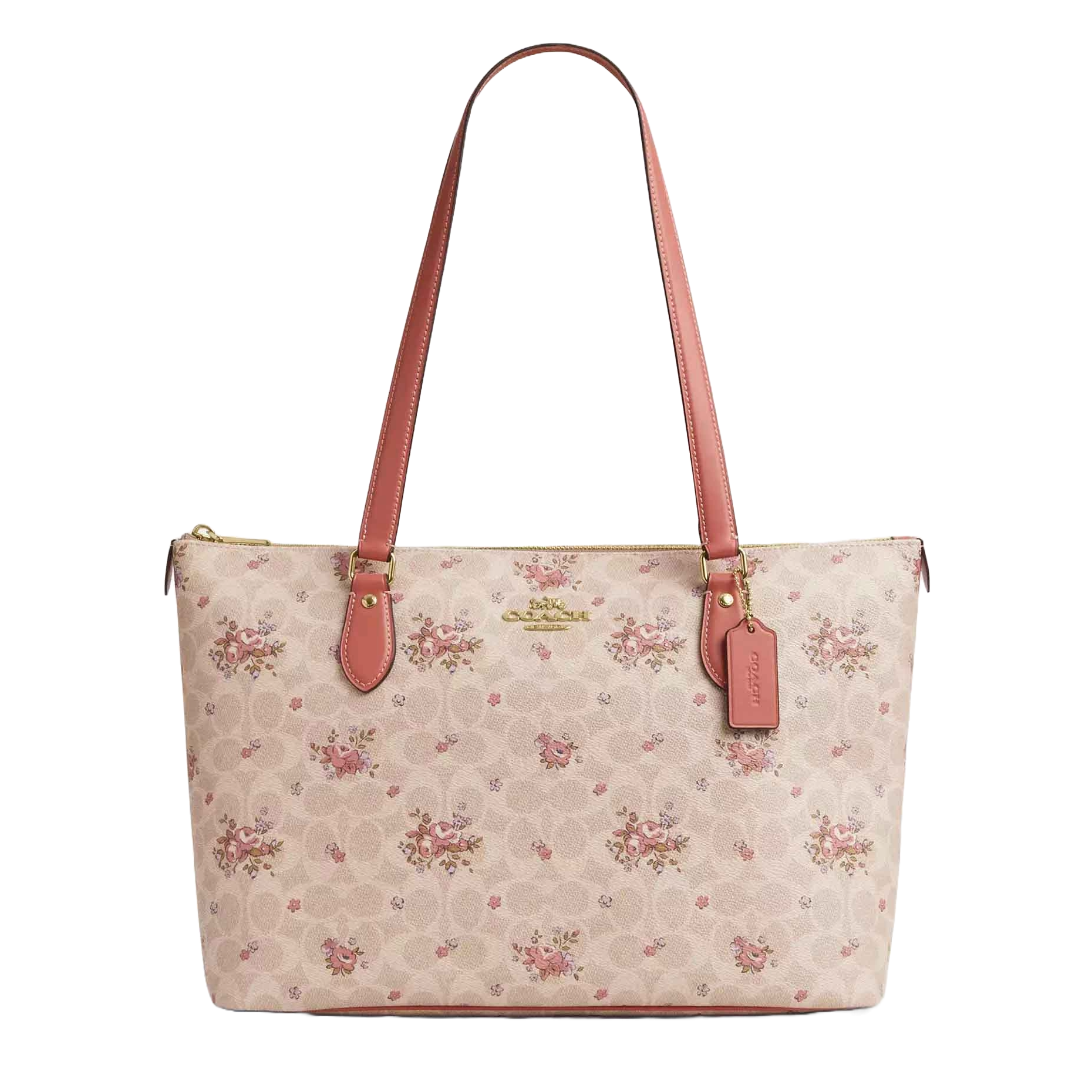 Coach Outlet Gallery Tote in a floral print with light pink and beige background, featuring gold-tone hardware and two pink leather handles, along with a matching pink hangtag.