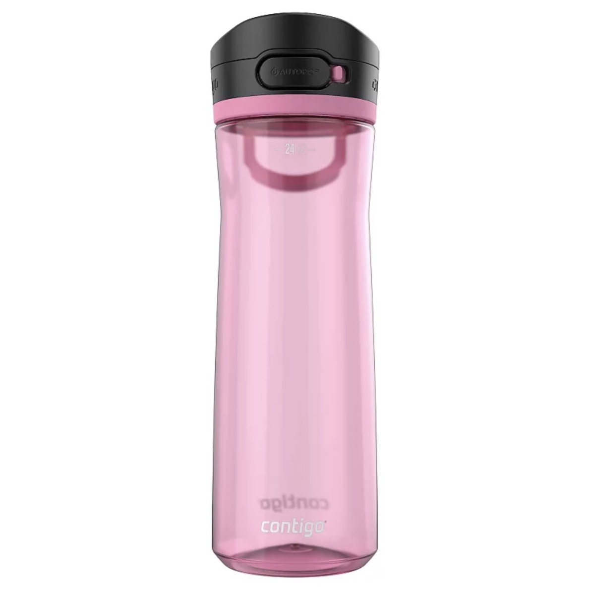 A pink Contigo water bottle with a black lid, featuring an Autoseal button for spill-proof drinking.