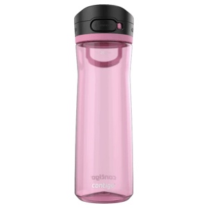 A pink Contigo water bottle with a black lid, featuring an Autoseal button for spill-proof drinking.