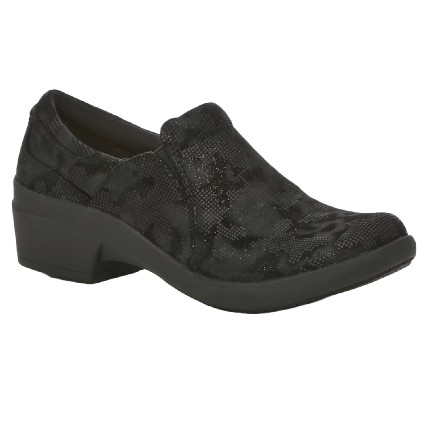 Black wedge shoe with a shimmery finish and slip-on design.