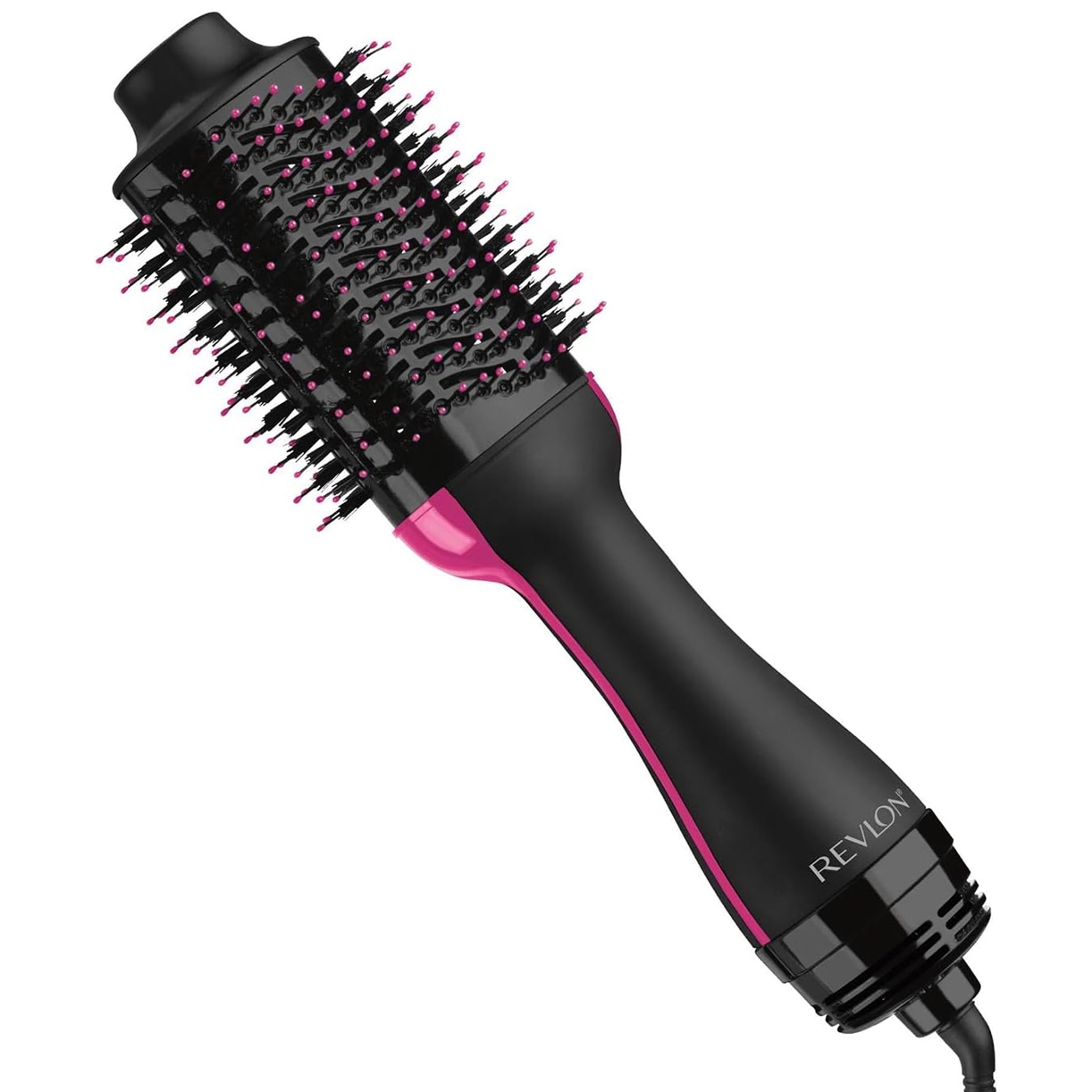 The Revlon One-Step Dryer Brush is a black and pink hair styling tool featuring a combination of a round brush and hair dryer for efficient drying and styling. It has a cylindrical design with densely packed bristles and air vents.