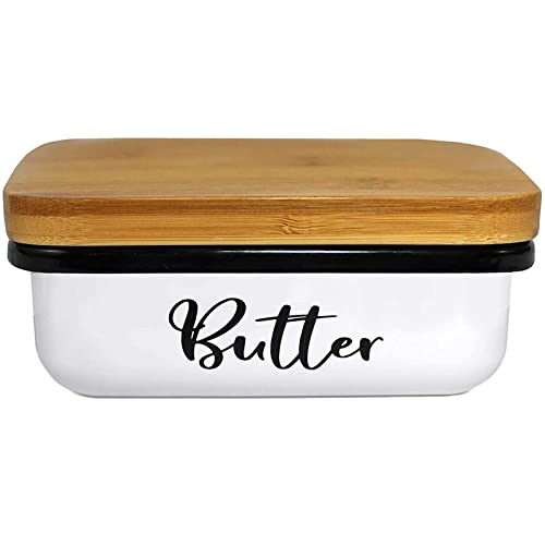 This is a rectangular butter dish with a black and white enamel finish and the word \“Butter\“ in cursive script on the side. It has a natural wood lid on top.