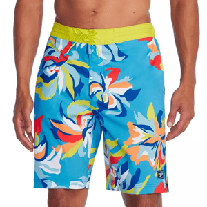 A pair of men's swim shorts with a colorful floral pattern and a bright yellow waistband.