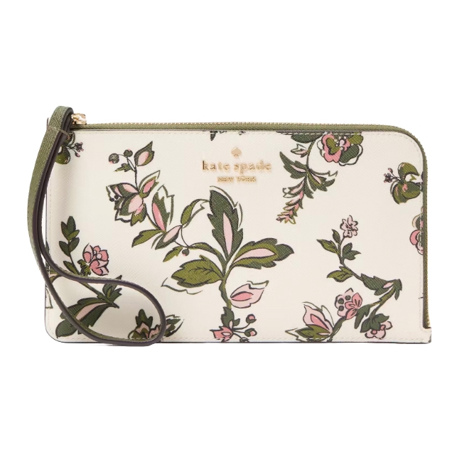 A floral-patterned Kate Spade wristlet with green and pink accents, featuring a detachable strap and gold logo detail on the front.