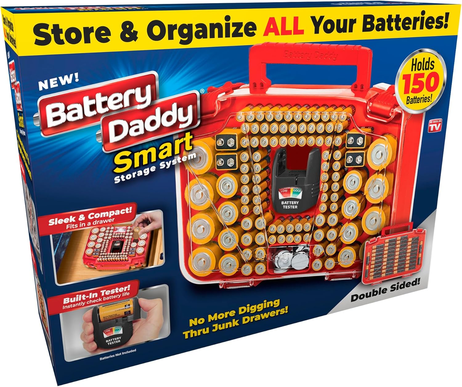 Battery Daddy Smart Storage System organizes and stores up to 150 batteries with a built-in tester. It is sleek, compact, double-sided, and designed to fit in drawers. Batteries are not included.