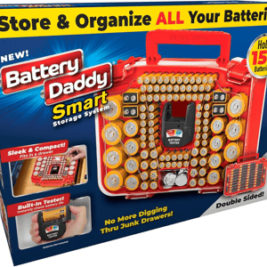 Battery Daddy Smart Storage System organizes and stores up to 150 batteries with a built-in tester. It is sleek, compact, double-sided, and designed to fit in drawers. Batteries are not included.