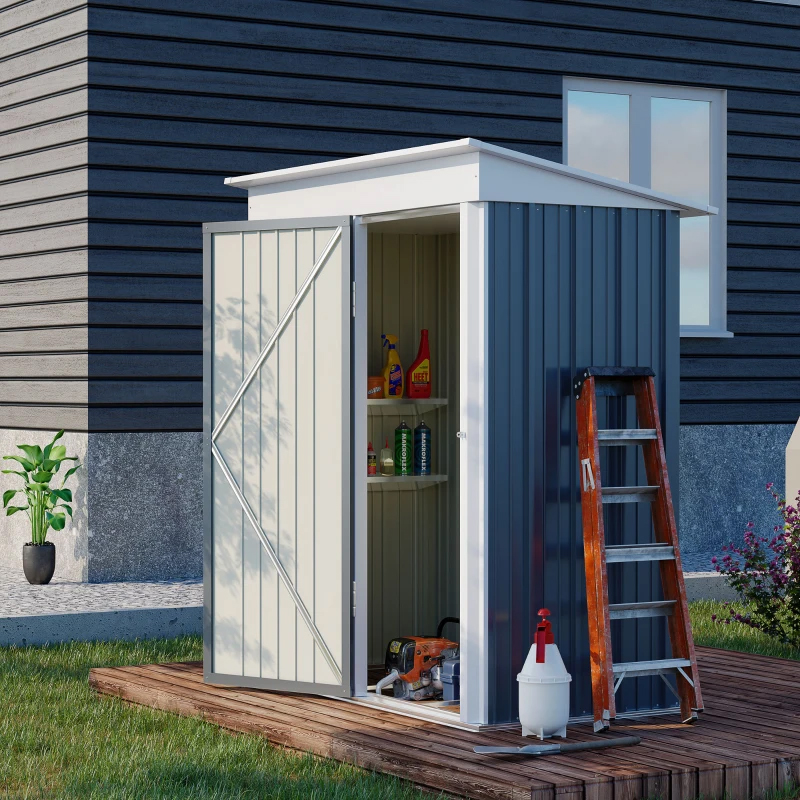 A small garden shed with open doors, showcasing shelves with tools and gardening products, a wooden ladder, and a potted plant outside.