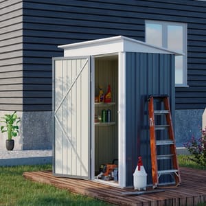 A small garden shed with open doors, showcasing shelves with tools and gardening products, a wooden ladder, and a potted plant outside.