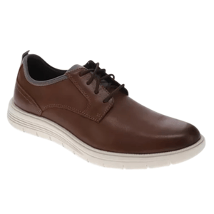 Brown leather lace-up shoe with a white rubber sole, designed for casual wear.