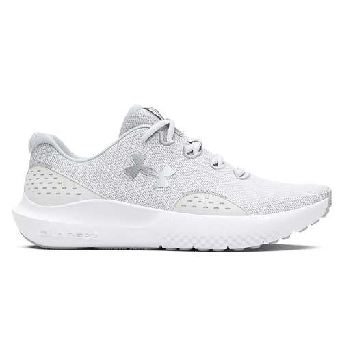 A white Under Armour running shoe with a breathable mesh upper and a CHARGED cushioned sole.