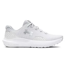 A white Under Armour running shoe with a breathable mesh upper and a CHARGED cushioned sole.