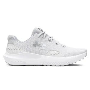 A white Under Armour running shoe with a breathable mesh upper and a CHARGED cushioned sole.