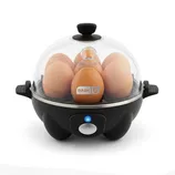 Electric egg cooker with black base and transparent lid, capable of holding seven eggs, with a central power button and LED indicator light.