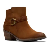 Brown suede ankle boot with a textured crocodile pattern, featuring a side buckle detail and a block heel.