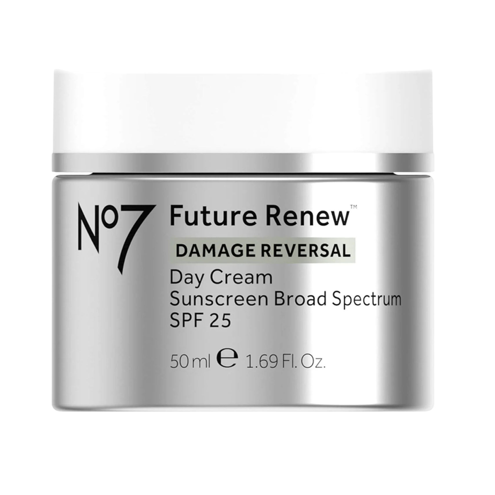 No7 Future Renew Damage Reversal Day Cream with SPF 25, 50 ml (1.69 Fl. Oz.), offers sunscreen broad spectrum protection.