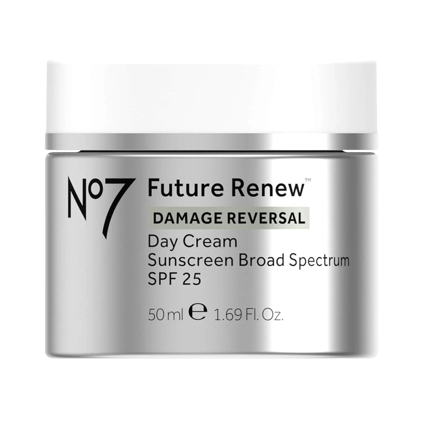 No7 Future Renew Damage Reversal Day Cream with SPF 25, 50 ml (1.69 Fl. Oz.), offers sunscreen broad spectrum protection.