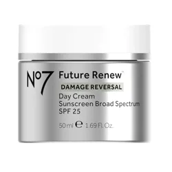 No7 Future Renew Damage Reversal Day Cream with SPF 25, 50 ml (1.69 Fl. Oz.), offers sunscreen broad spectrum protection.