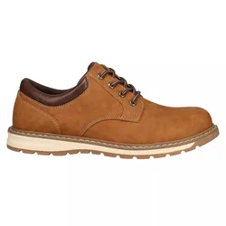 Brown leather lace-up shoe with a rugged sole and contrasting white stitching, suitable for casual or work wear.