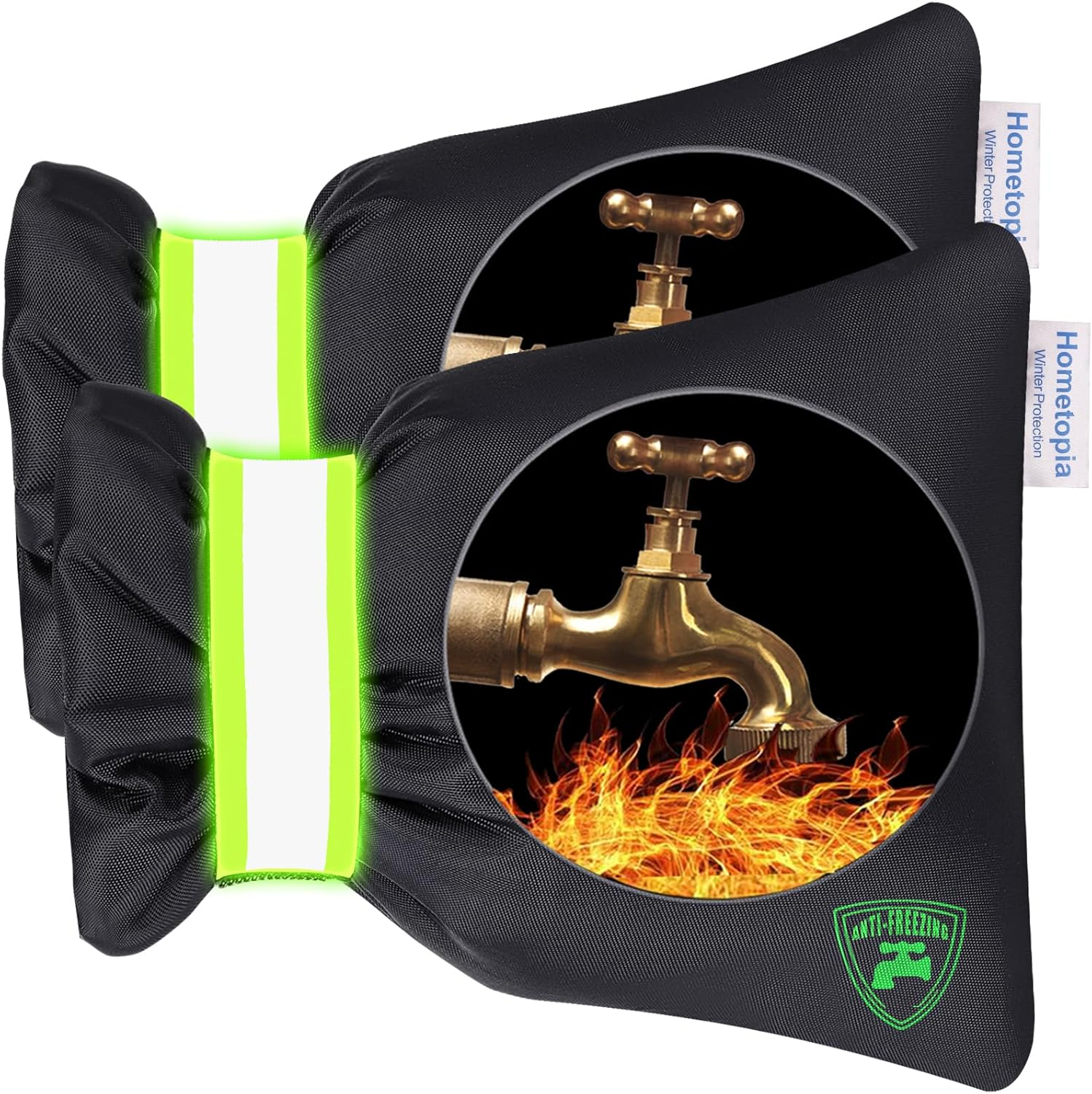 Faucet covers with an anti-freezing feature, designed for winter protection. They have a reflective strip and show a graphic of a faucet with flames, indicating heat retention.