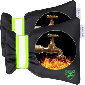 Faucet covers with an anti-freezing feature, designed for winter protection. They have a reflective strip and show a graphic of a faucet with flames, indicating heat retention.