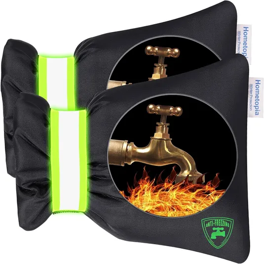 Faucet covers with an anti-freezing feature, designed for winter protection. They have a reflective strip and show a graphic of a faucet with flames, indicating heat retention.