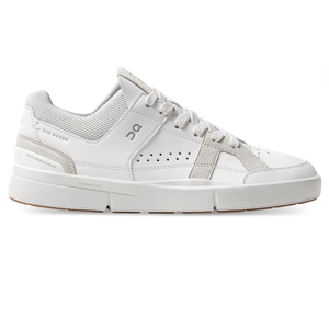White low-top sneakers featuring a sleek design with a lace-up closure and subtle perforations for ventilation. They have \“Cloudtec\“ cushioning in the sole and \“THE ROGER\“ branding on the side.
