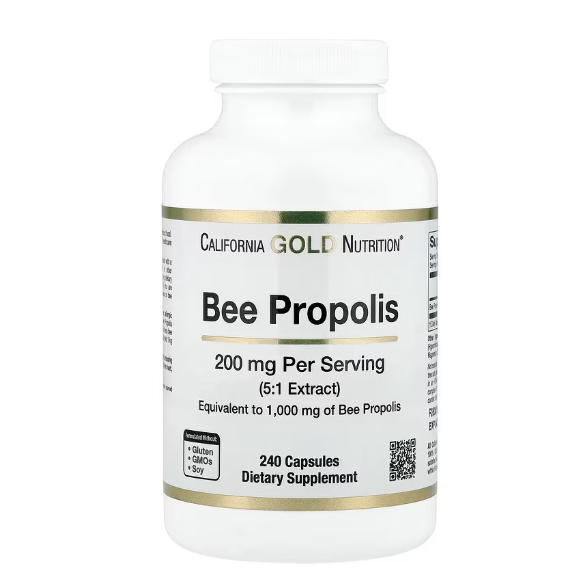 California Gold Nutrition Bee Propolis, 200 mg per serving (5:1 Extract), equivalent to 1,000 mg of Bee Propolis. Contains 240 capsules, free from gluten, GMOs, and soy. Dietary Supplement.