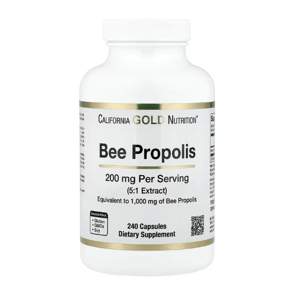 California Gold Nutrition Bee Propolis, 200 mg per serving (5:1 Extract), equivalent to 1,000 mg of Bee Propolis. Contains 240 capsules, free from gluten, GMOs, and soy. Dietary Supplement.