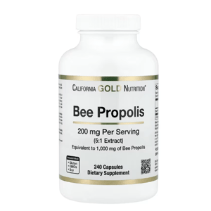California Gold Nutrition Bee Propolis, 200 mg per serving (5:1 Extract), equivalent to 1,000 mg of Bee Propolis. Contains 240 capsules, free from gluten, GMOs, and soy. Dietary Supplement.