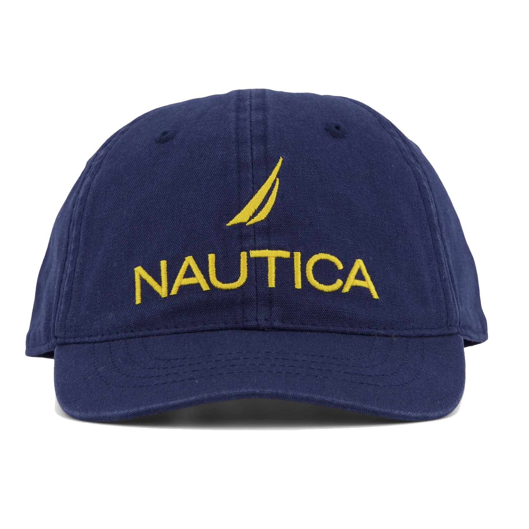 Navy blue baseball cap with \“NAUTICA\“ embroidered in yellow and a yellow sailboat logo above the text.