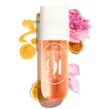 Sol de Janeiro Fragrance Mist Cheirosa 91 features in the center, surrounded by floral and fruity elements, including pink petals and passion fruit slices.