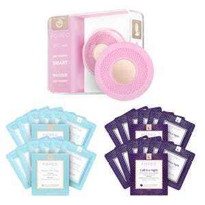 Foreo's facial spa device includes a UFO mini with LED thermo therapy and 28 smart masks, featuring 14 \“Make My Day\“ masks and 14 \“Call It a Night\“ masks, designed for a 90-second facial treatment.