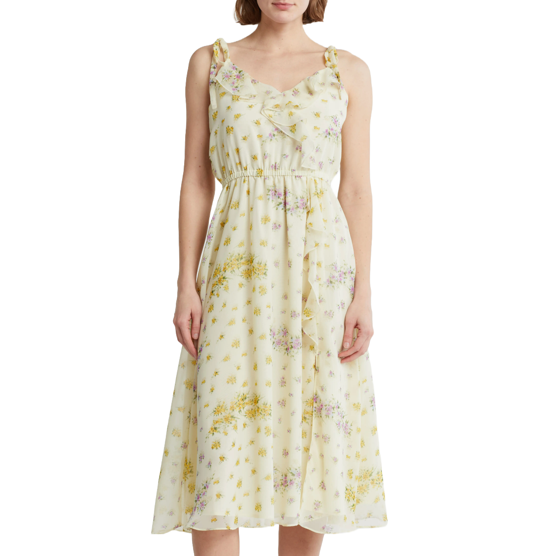 A sleeveless, ruffled light yellow dress with a delicate floral pattern in yellow and purple hues, featuring a cinched waist and tie straps.