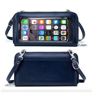 A navy blue crossbody phone wallet with a transparent touchscreen window on one side.
