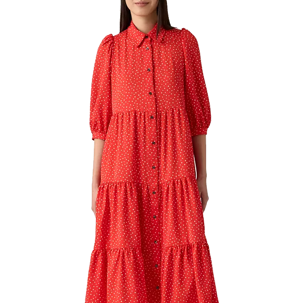 Red polka dot Levi's midi dress featuring a collared neckline, button-down front, puffed half sleeves, and tiered skirt design.