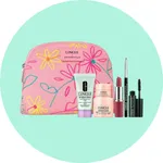 Clinique cosmetic set featuring a floral pouch, liquid facial soap, moisture surge cream, lipstick, eyeliner, and mascara.