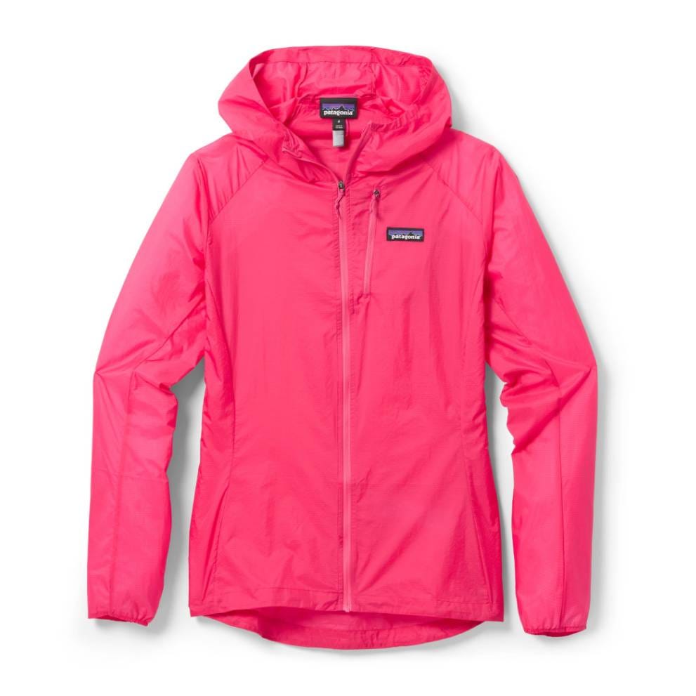Bright pink hooded jacket with zipper, featuring a small logo on the chest.