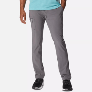 Gray Columbia PFG Terminal Tackle Pants featuring a slim fit with multiple pockets and a partial elastic waist.