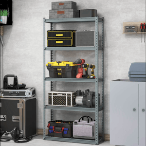 Metal shelving unit holding storage boxes, toolboxes, and power tools; surrounded by additional storage items and a cabinet.