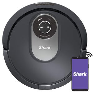 Shark AI Robot Vacuum features AI laser vision and IQ navigation for efficient cleaning. The device can be controlled via a smartphone app, offering smart home integration for convenient use.