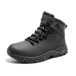 A black hiking boot with a rugged sole and padded ankle support, featuring lace-up closure and a pull tab at the heel.