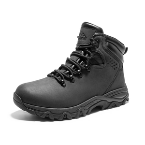 A black hiking boot with a rugged sole and padded ankle support, featuring lace-up closure and a pull tab at the heel.