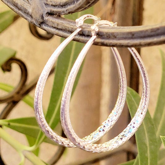 Silver-tone textured hoop earrings with a twisted design hang from an ornate metal frame, featuring a clasp closure.