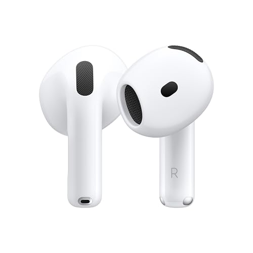 White wireless in-ear headphones with a distinctive stem design, featuring built-in microphones and black vents.