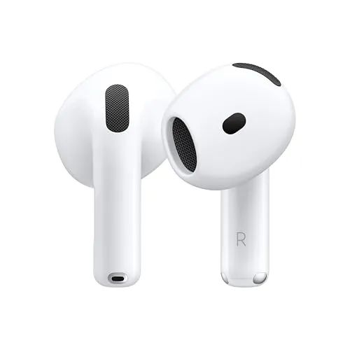 White wireless in-ear headphones with a distinctive stem design, featuring built-in microphones and black vents.