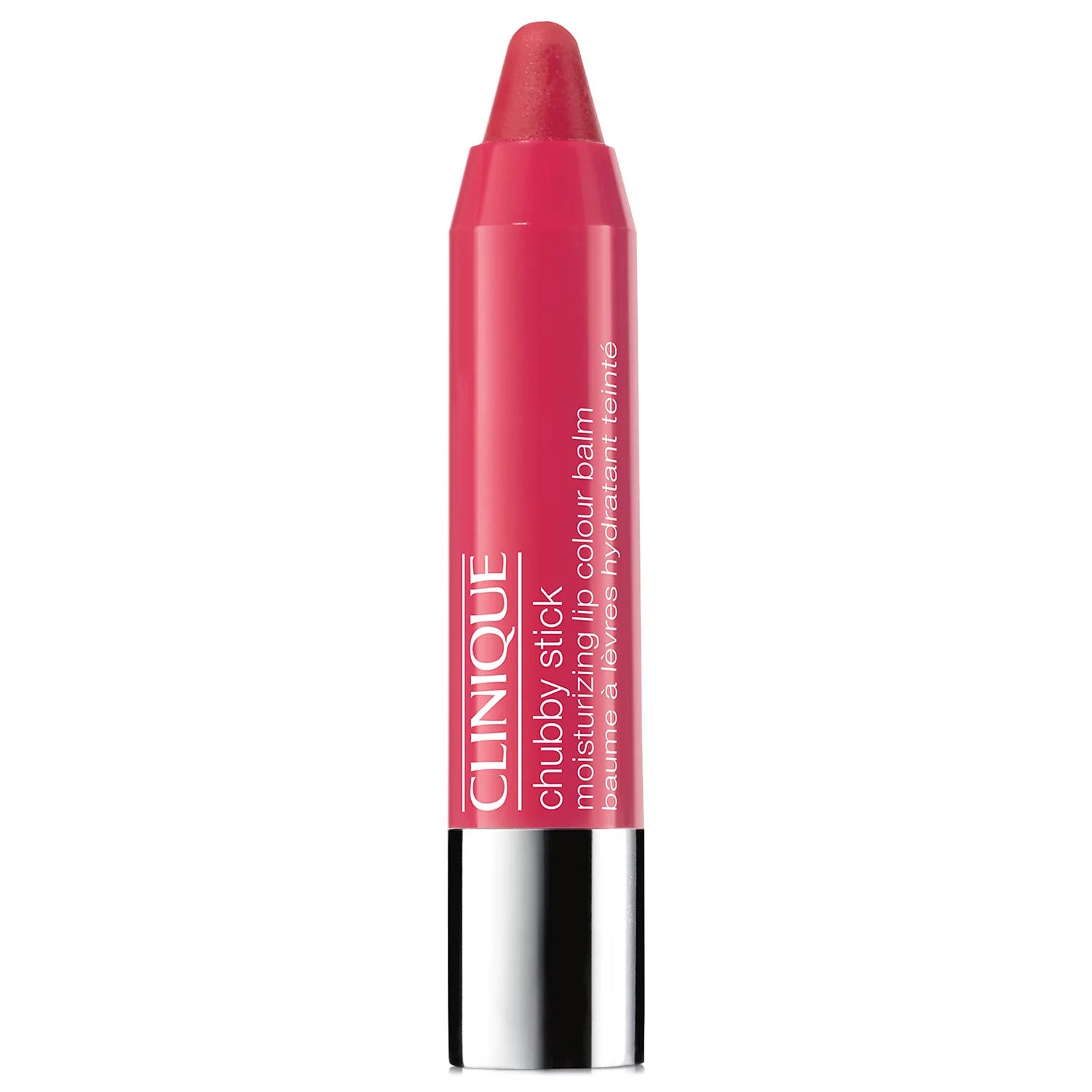 Clinique Chubby Stick Moisturizing Lip Colour Balm in a vibrant pink shade, with silver cap and text printed on the side.