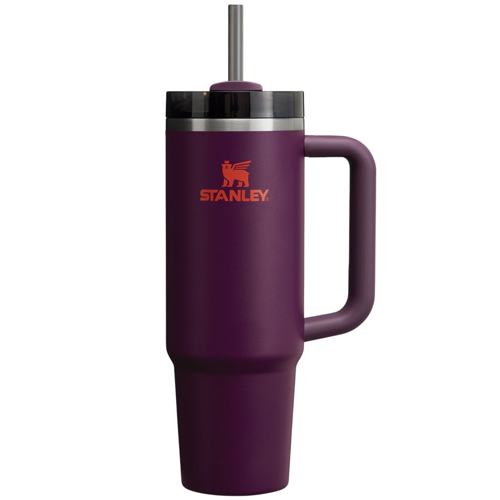 Purple Stanley tumbler with a handle, lid, and straw, featuring a logo with a winged figure.